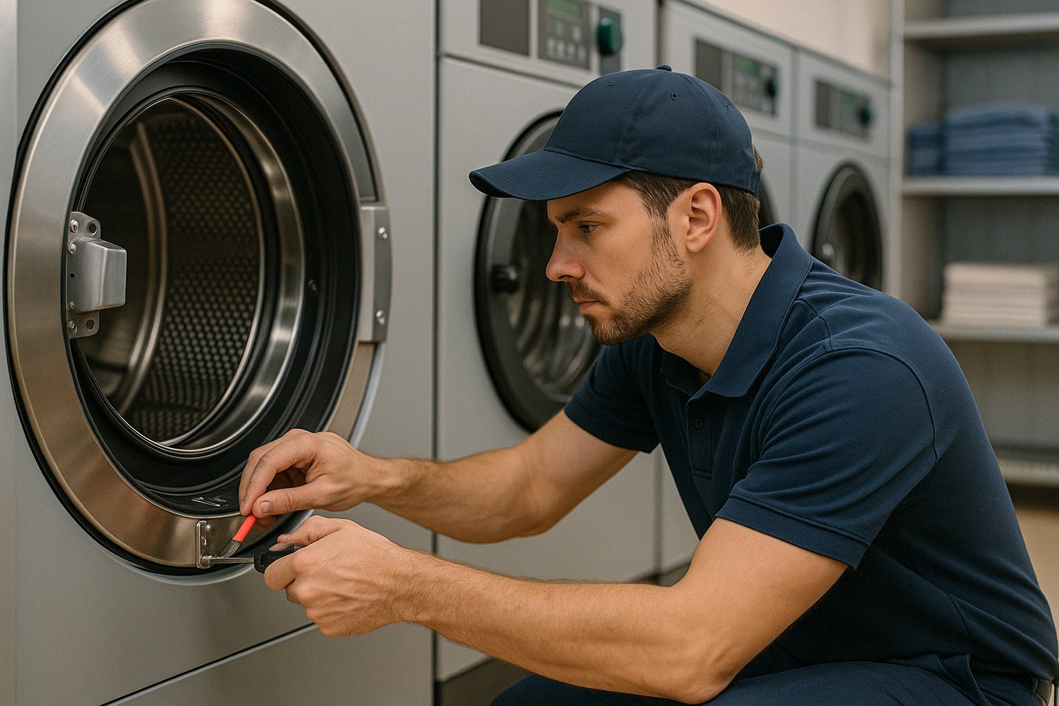 Technician inspecting washing machine
